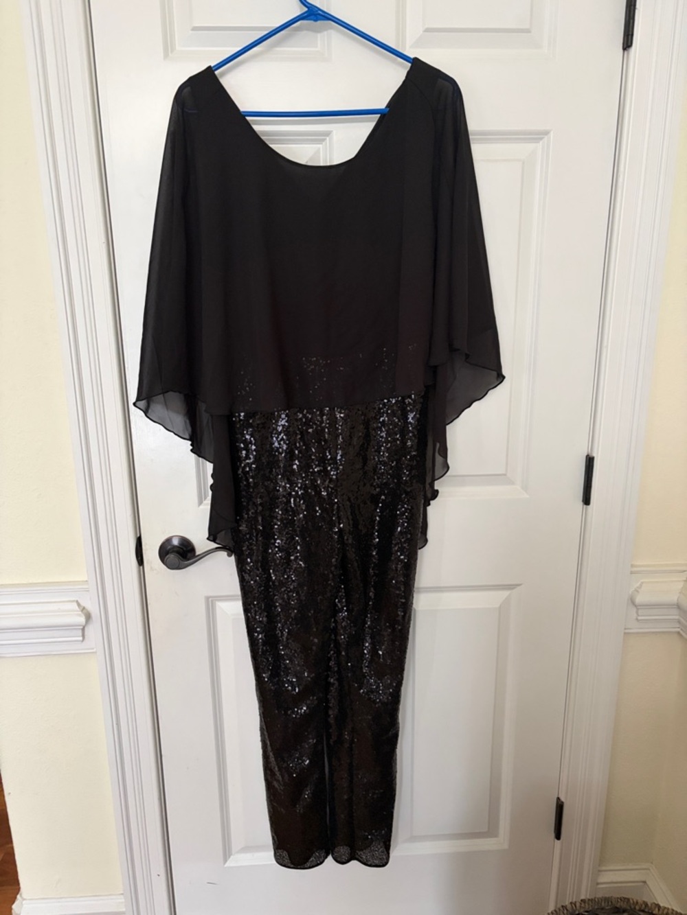 VENUS Black Sequin Jumpsuit with Chiffon Overlay